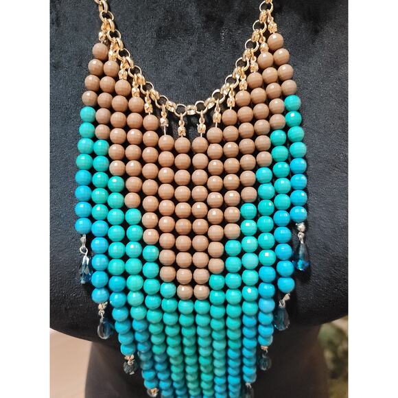 Womens Statement Beaded Necklace Brown Turquoise Layered Bib Design Lobster Lock - Picture 4 of 7